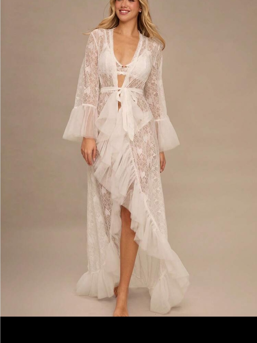 Sheer Lace Tie-Front Robe - White